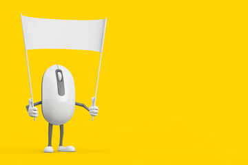 Poster - Computer Mouse Cartoon Person Character Mascot and Empty White Blank Banner with Free Space for Your Design. 3d Rendering