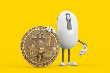 Poster - Computer Mouse Cartoon Person Character Mascot with Cryptocurrency Golden Bitcoin Coin . 3d Rendering