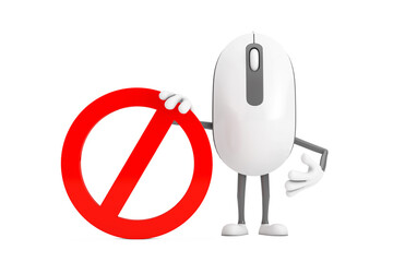 Poster - Computer Mouse Cartoon Person Character Mascot with Red Prohibition or Forbidden Sign. 3d Rendering