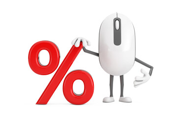 Poster - Computer Mouse Cartoon Person Character Mascot with Red Retail Percent Sale or Discount Sign. 3d Rendering