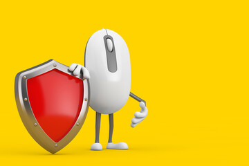 Poster - Computer Mouse Cartoon Person Character Mascot with Red Metal Protection Shield. 3d Rendering