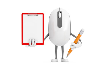 Fototapete - Computer Mouse Cartoon Person Character Mascot with Red Plastic Clipboard, Paper and Pencil. 3d Rendering