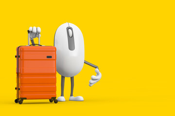 Poster - Computer Mouse Cartoon Person Character Mascot with Orange Travel Suitcase. 3d Rendering