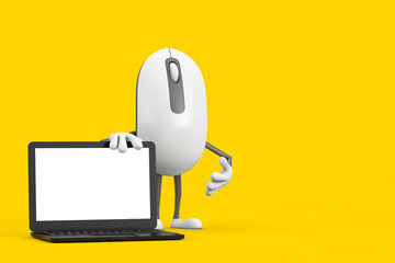 Leinwandbilder - Computer Mouse Cartoon Person Character Mascot with Modern Laptop Computer Notebook and Blank Screen for Your Design. 3d Rendering