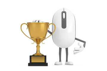 Aufkleber - Computer Mouse Cartoon Person Character Mascot with Golden Award Trophy. 3d Rendering