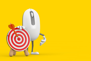 Leinwandbilder - Computer Mouse Cartoon Person Character Mascot with Archery Target and Dart in Center. 3d Rendering