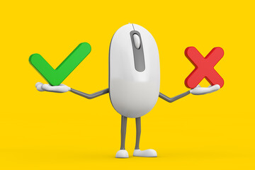 Poster - Computer Mouse Cartoon Person Character Mascot with Red Cross and Green Check Mark, Confirm or Deny, Yes or No Icon Sign. 3d Rendering