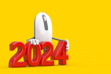 Poster - Computer Mouse Cartoon Person Character Mascot with Red 2024 New Year Sign. 3d Rendering