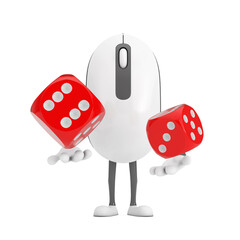 Poster - Computer Mouse Cartoon Person Character Mascot with Red Game Dice Cubes in Flight. 3d Rendering