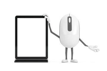 Leinwandbilder - Computer Mouse Cartoon Person Character Mascot with Blank Trade Show LCD Screen Display Stand as Template for Your Design. 3d Rendering