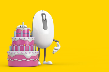 Aufkleber - Computer Mouse Cartoon Person Character Mascot with Birthday Cartoon Dessert Tiered Cake and Candles. 3d Rendering