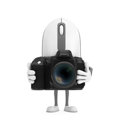 Poster - Computer Mouse Cartoon Person Character Mascot with Modern Digital Photo Camera. 3d Rendering
