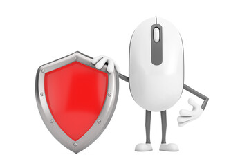 Poster - Computer Mouse Cartoon Person Character Mascot with Red Metal Protection Shield. 3d Rendering