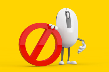 Fototapete - Computer Mouse Cartoon Person Character Mascot with Red Prohibition or Forbidden Sign. 3d Rendering