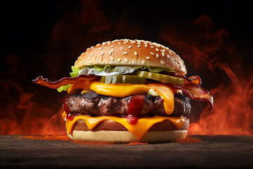 Wall Mural - Spicy burger on black background, AI generated