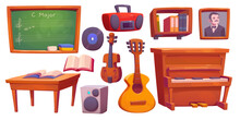 Cartoon Set Of Music Classroom Design Elements Isolated On White. Vector Illustration Of Vintage Piano, Guitar, Violin, Tape Recorder, Books On Desk And Shelf, Notes On Blackboard. Art Education