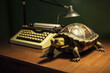 A turtle sitting at a desk and using a typewriter. | Generative Ai