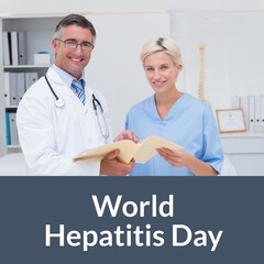 Sticker - Composition of world hepatitis day text over smiling caucasian doctors