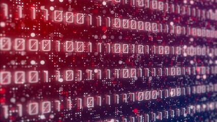 Abstract red background with binary computer code. Panel with rapidly changing zeros and ones. Looped animation. Blinking blurred pixel dots.