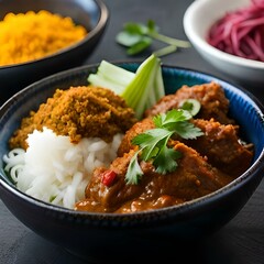 Wall Mural - Rendang is an Indonesian West Sumatra Minangkabau spicy meat (commonly beef) that slow cooked in coconut milk and mixed spices, served during festive events like wedding, Eid Al Fitr, ai generated.