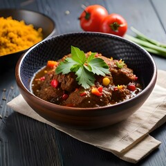 Wall Mural - Rendang is an Indonesian West Sumatra Minangkabau spicy meat (commonly beef) that slow cooked in coconut milk and mixed spices, served during festive events like wedding, Eid Al Fitr, ai generated.