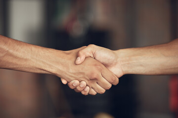 Sticker - Fitness, handshake and people at a gym for training, agreement and deal on blurred background. Sport, friends and men shaking hands for healthy lifestyle commitment, goal and personal trainer support