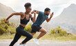 canvas print picture - Fitness, exercise and black couple running, outdoor and workout goal with endurance, cardio and self care. Runners, man and woman in the street, run or training with progress, health and wellness