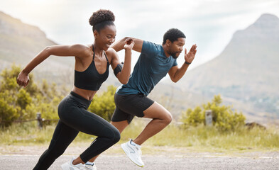 fitness, exercise and black couple running, outdoor and workout goal with endurance, cardio and self