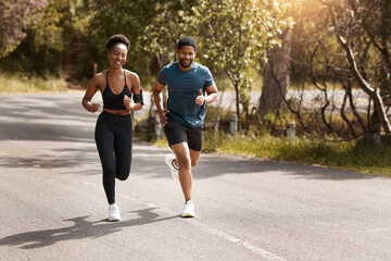 health, exercise and black couple running, nature and workout goal with endurance, training and well