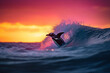 Generative ai illustration penguin surfing massive wave in sunset heavenly ocean beach panorama
