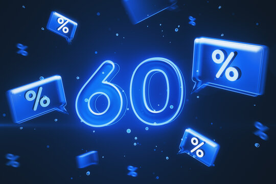 Online shopping, discount and hot sale concept with blue digital glowing 60 icon on dark background with speech bubbles with percent sign. 3D rendering