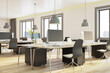 © Who is Danny - Perspective view of modern empty office interior with wooden floor, concrete walls and desks with computers, windows and furniture. Business background and workspace concept, 3D Rendering