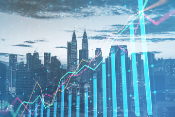 Wall Mural - Abstract growing business chart grid on blurry city background. Corporate growth plan and company development concept. Double exposure.