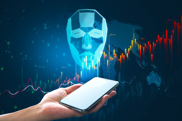 Wall Mural - Artificial intelligence, cryptocurrency, mobile trading and blockchain concept with robot head with financial chart candlestick on world map background above human hand using smartphone