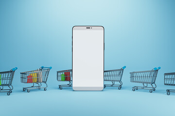 Wall Mural - Creative online shopping concept with trolleys and empty white mock up cellphone screen on blue background. Shop online and digital media concept. 3D Rendering.