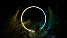 Neon Glowing Circle Ring In Palm Leaves, Tropical Dark Background. Blue Purple Yellow Green Color. Glowing Linear Volumetric Neon Round Circle. 3d Render