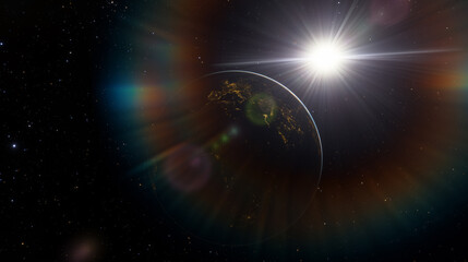 planet earth dawn sunset from space. silhouette planet earth in rays of sun against background of sp