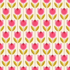 Wall Mural - Retro geometric tulip flower seamless pattern background.