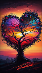 Poster - Valentine tree heart sunset Generative AI