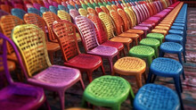 Rows Of Colorful Chairs. A Row Of Colorful Chairs On The Stadium Stand. Colorful Seats Generative Ai