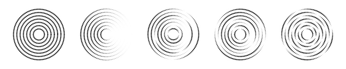 Canvas Print - Set of circular ripple icons. Concentric circles with interrupted dotted lines isolated on white background. Vortex, sonar wave, soundwave, sunburst, signal signs