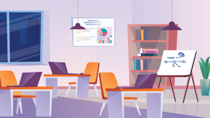 Wall Mural - Concept Classroom. A flat, cartoon-designed background featuring a classroom with a chalkboard, desks, and other educational elements. Vector illustration.