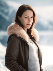 Outdoor portrait of a beautiful young woman in winter. She is wearing a warm jacket and looking at the camera.