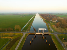 Aerial View Of Canal Eemskanaal, Countryside, Road And Bridge Bloemhofbrug, Between Ten Post And Schildwolde, Province Of Groningen, The Netherlands.