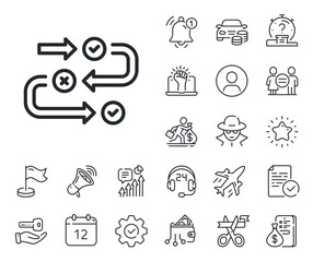 Wall Mural - Quiz algorithm sign. Salaryman, gender equality and alert bell outline icons. Survey progress line icon. Business interview symbol. Survey progress line sign. Spy or profile placeholder icon. Vector