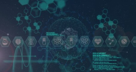 Animation of icon in hexagons over computer language and dots forming globes on abstract background