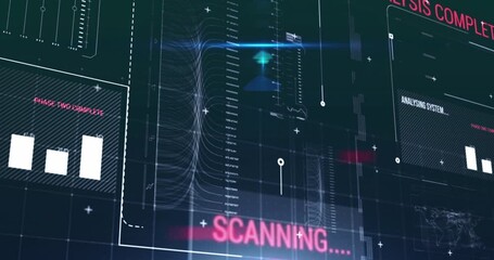 Animation texts, map, loading bars and moving lines over computer language on abstract background