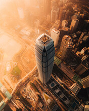 Aerial View Of The Tower At Sunset In Hong Kong Island Downtown, Central And Western District, Hong Kong, China.