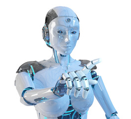 Poster - Isolated woman robot using artificial intelligence. Futuristic cyborg pointing finger. 3D rendering white and blue humanoid cut out with transparent background