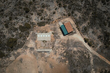 Aerial View Of A Small Farm Dwelling In The Middle Of An Arid Area, Calles, Valencia, Spain.